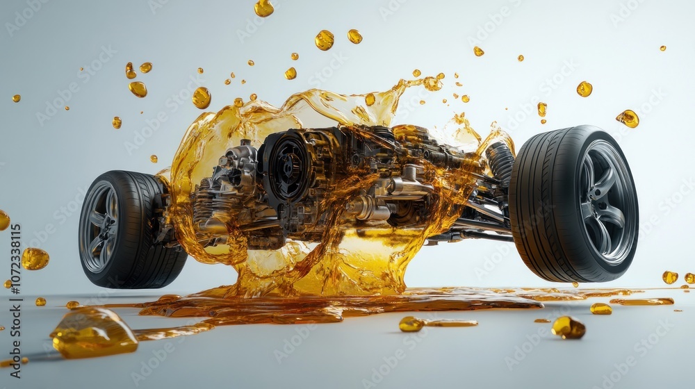 Fototapeta premium Car Engine Immersed in Golden Oil