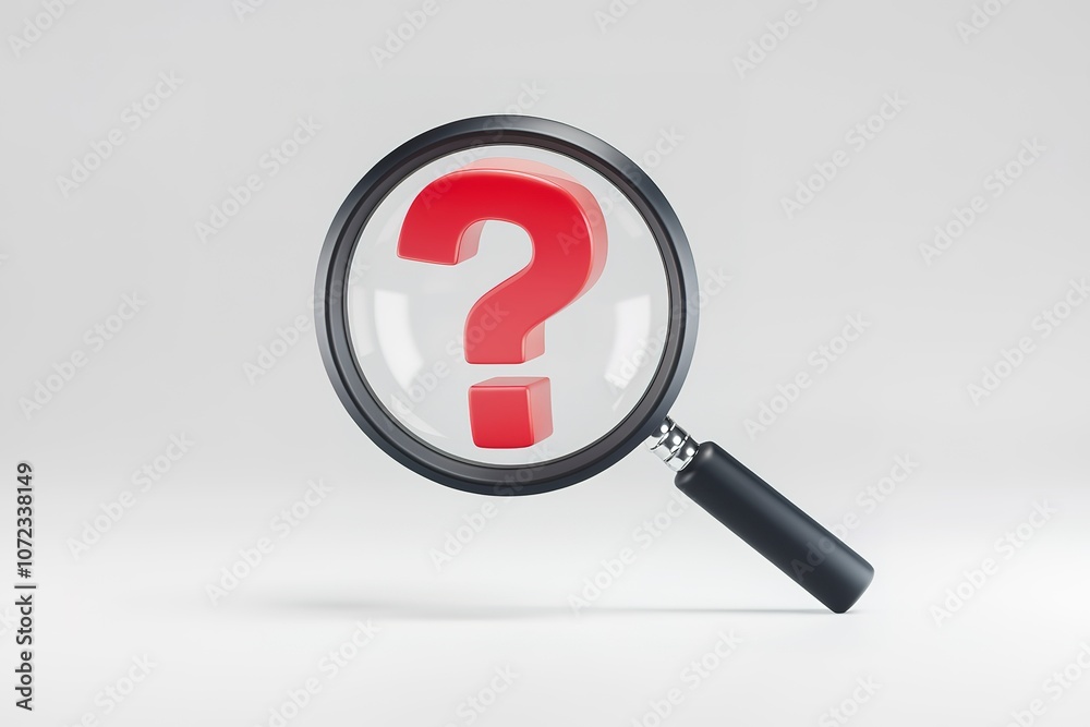 A 3D render of a magnifying glass with a red question mark A 3D render of a magnifying glass with a red question mark