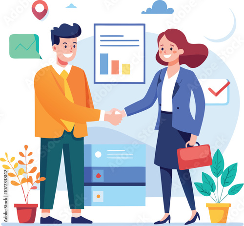People shaking hands at work - Two businesspeople, man and woman doing handshake in office at work while smiling over business agreement and deal. Flat design stock illustration on white background