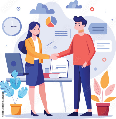 People shaking hands at work - Two businesspeople, man and woman doing handshake in office at work while smiling over business agreement and deal. Flat design stock illustration on white background