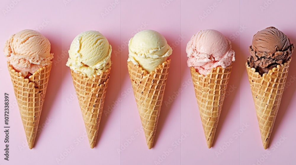 Assortment of delicious ice cream scoops in waffle cones on a pink background Assortment of delicious ice cream scoops in waffle cones on a pink background