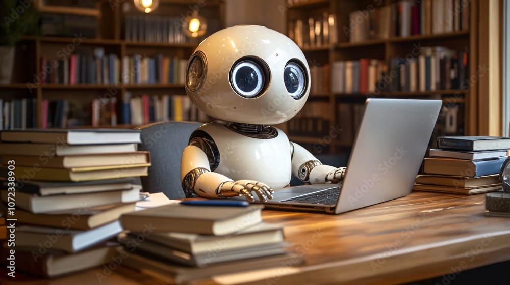 Robot is learning at desk with laptop Robot is learning at desk with laptop