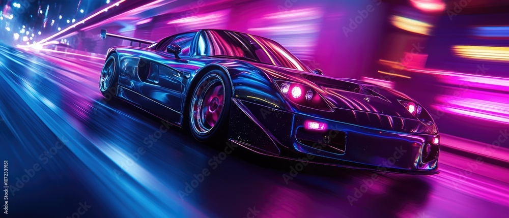 A sleek sports car races through a neon-lit tunnel. A sleek sports car races through a neon-lit tunnel.