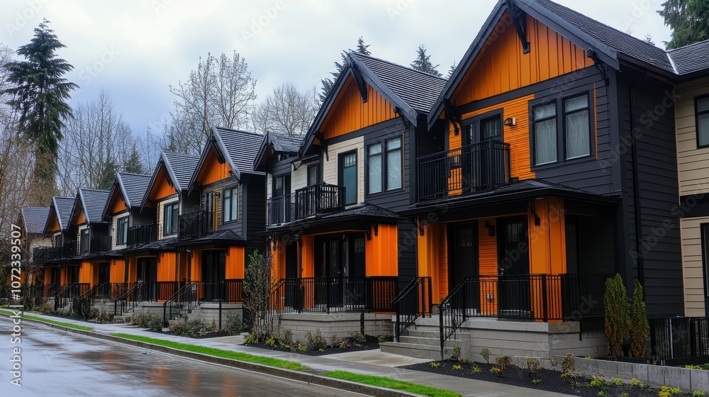 Modern row of houses with orange and black siding, balconies and cloudy sky. Modern row of houses with orange and black siding, balconies and cloudy sky.