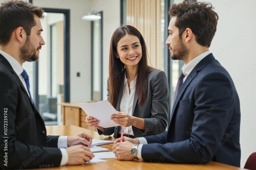 Business professionals meeting in modern office for collaborative discussion and document review. Business professionals meeting in modern office for collaborative discussion and document review.