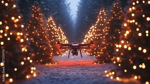 Drone delivers gifts amid illuminated christmas trees, symbolizing futuristic holiday logistics.