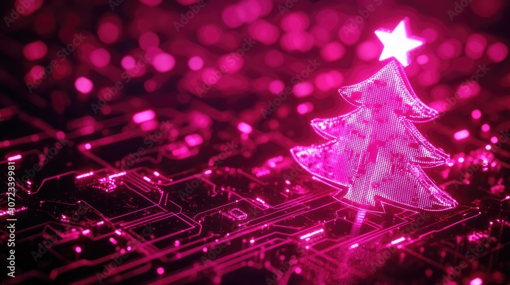 Glowing digital Christmas tree in vibrant pink, with a star on top and a high-tech circuit background. Glowing digital Christmas tree in vibrant pink, with a star on top and a high-tech circuit background.