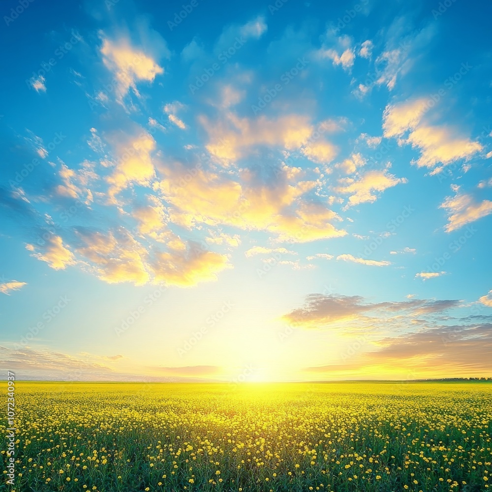 Nature's canvas: golden rapeseed fields under a sky of blue and clouds. Nature's canvas: golden rapeseed fields under a sky of blue and clouds.