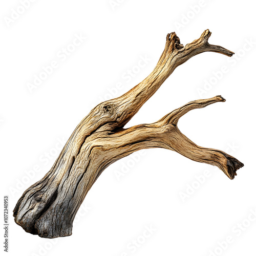 Striking dry wood branch sculpture on clean white isolated background