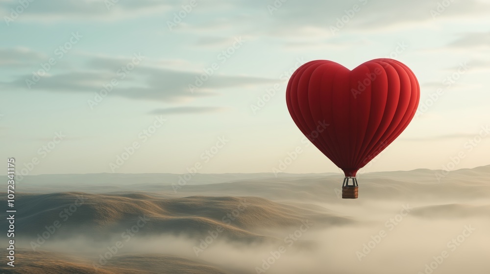 Fototapeta premium Heart-shaped hot air balloon over serene landscape for romantic escapes and event designs