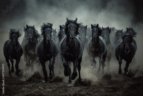 Photograph of a herd or band consisting of black horses galloping across the dust in the foreground photo