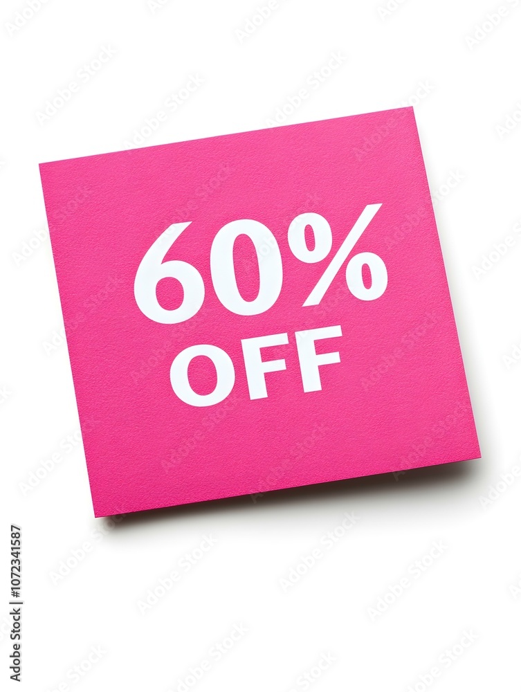 White '60% OFF' Text on a Hot Pink Square Paper Note. White Background White '60% OFF' Text on a Hot Pink Square Paper Note. White Background