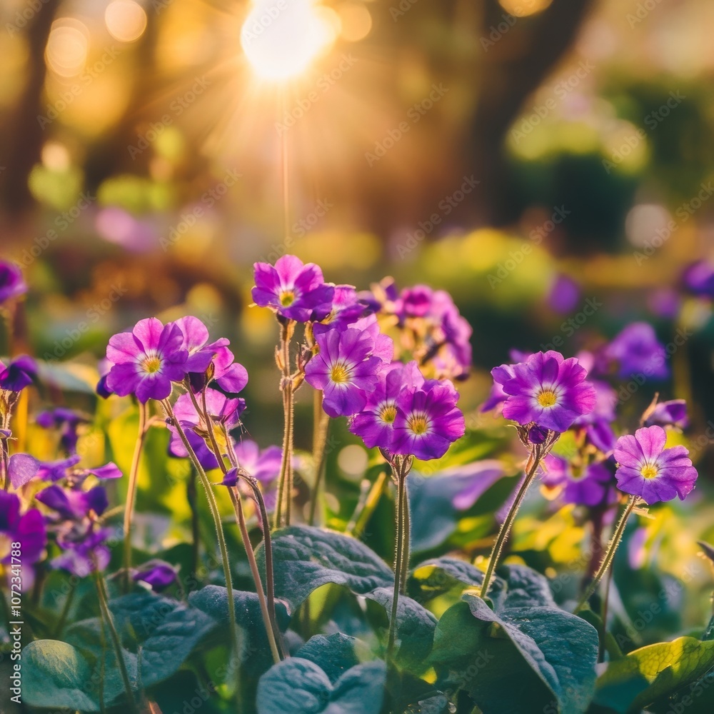 Fototapeta premium Purple Primula denticulata in spring sunshine