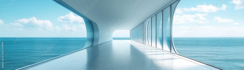 A modern architectural design showcasing a sleek interior with large windows overlooking the serene ocean view and bright sky. A modern architectural design showcasing a sleek interior with large windows overlooking the serene ocean view and bright sky.