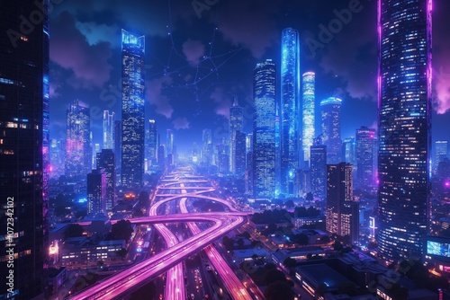 Futuristic neon cityscape at night with vibrant skyscrapers and sprawling highways under a starry sky. photo