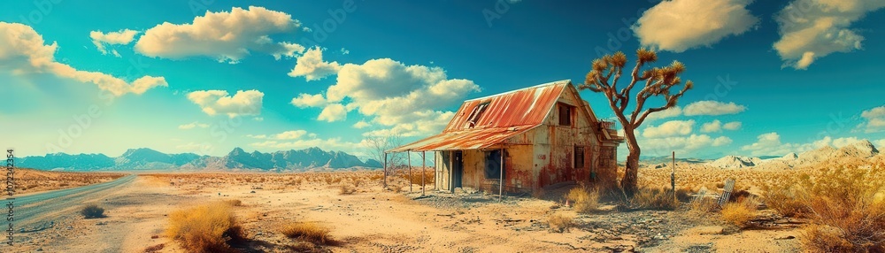 Rusty house in a desert landscape with a blue sky and fluffy clouds. Rusty house in a desert landscape with a blue sky and fluffy clouds.