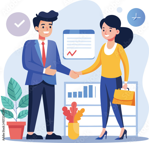 People shaking hands at work - Two businesspeople, man and woman doing handshake in office at work while smiling over business agreement and deal. Flat design stock illustration on white background