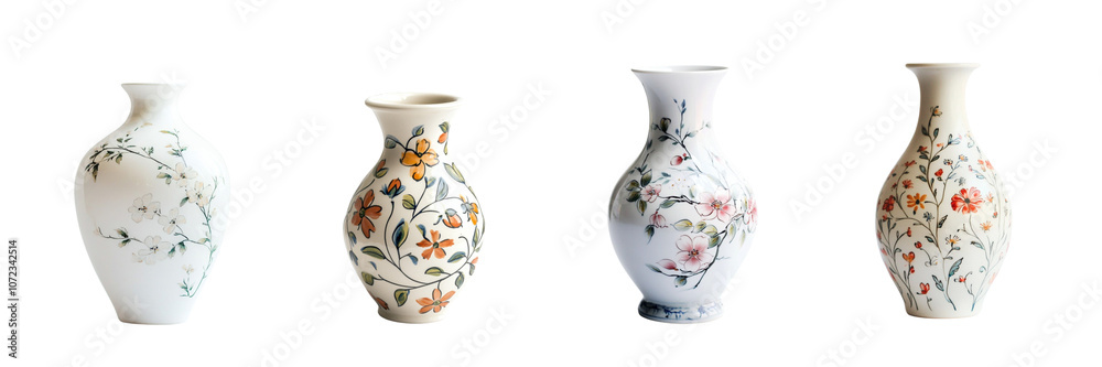 Set of elegant ceramic vase with delicate hand painted floral isolated on a transparent background Set of elegant ceramic vase with delicate hand painted floral isolated on a transparent background
