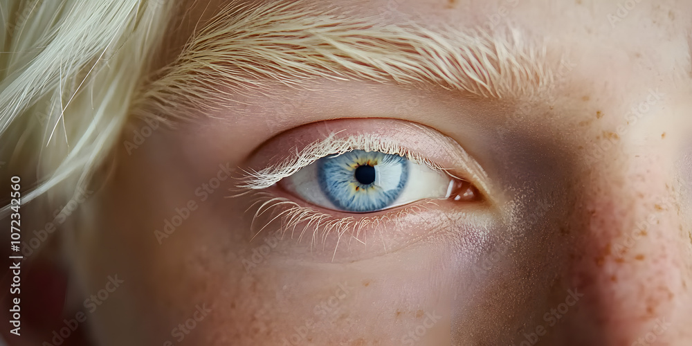 Fototapeta premium Captivating close-up of an albino man, showcasing his fair skin, light hair, and pale eyelashes, emphasizing the unique beauty of albinism in a stunning headshot