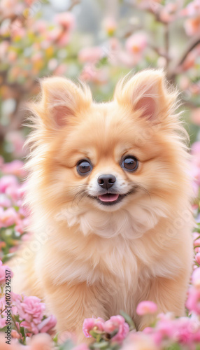 Adorable Pomeranian Dog Sitting in a Field of Blooming Flowers