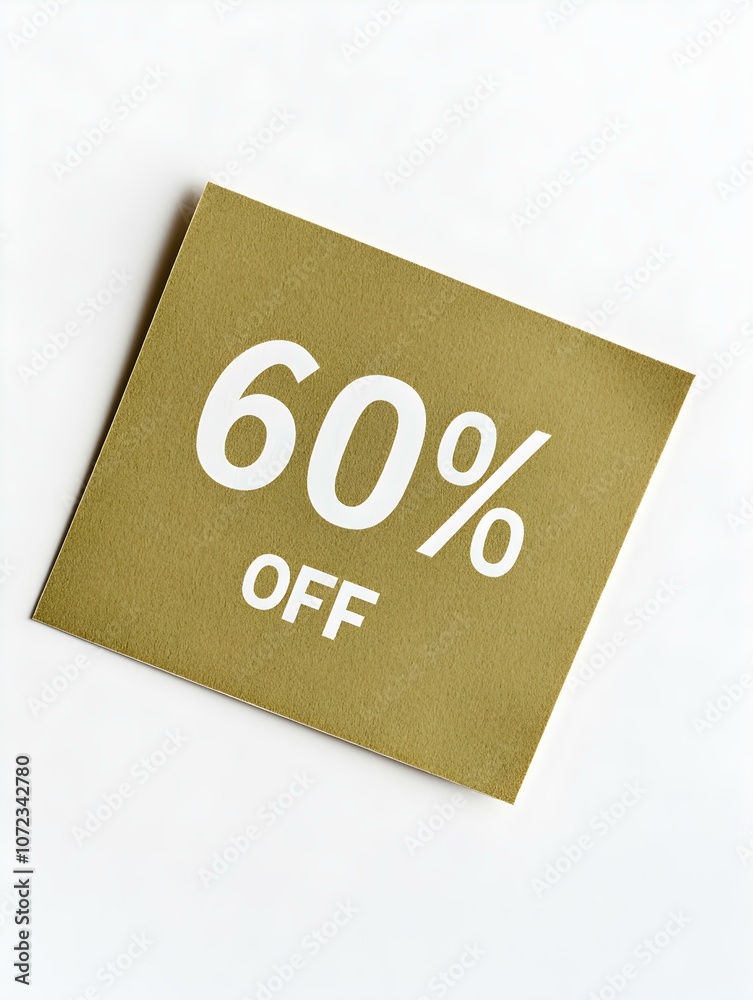 White '60% OFF' Text on a Khaki Square Paper Note. White Background White '60% OFF' Text on a Khaki Square Paper Note. White Background