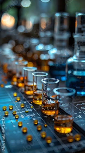 A detailed view of laboratory glassware with amber liquid samples and scattered capsules on a scientific workspace. Ideal for chemistry, research, and pharmaceutical themes. photo