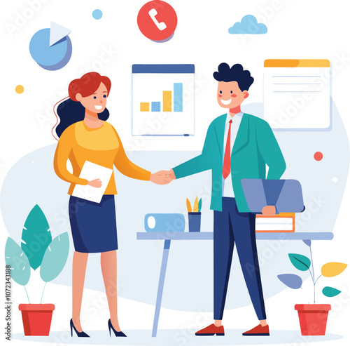 People shaking hands at work - Two businesspeople, man and woman doing handshake in office at work while smiling over business agreement and deal. Flat design stock illustration on white background