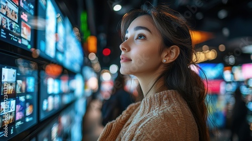 Woman designing digital retail experiences, adjusting displays in an e-commerce control center; innovative shopping tech, data-driven insights; women in retail technology, customer engagement 