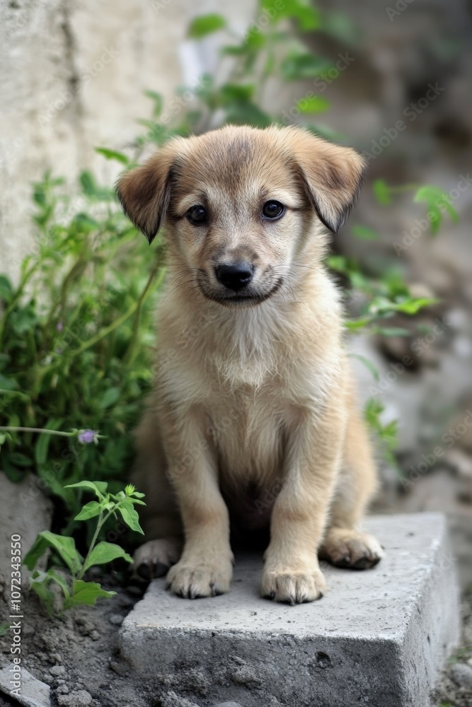 Adorable puppy sitting on a concrete block surrounded by lush greenery Adorable puppy sitting on a concrete block surrounded by lush greenery