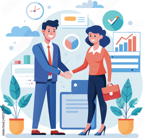 People shaking hands at work - Two businesspeople, man and woman doing handshake in office at work while smiling over business agreement and deal. Flat design stock illustration on white background