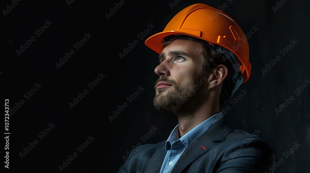 A confident engineer or architect wearing an orange safety helmet, gazing thoughtfully into the distance. Perfect for construction, leadership, and professional themes. A confident engineer or architect wearing an orange safety helmet, gazing thoughtfully into the distance. Perfect for construction, leadership, and professional themes.