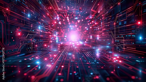 Futuristic digital tunnel with glowing red and blue neon particles, abstract technology background perfect for cyber security, data transfer, and artificial intelligence concepts.