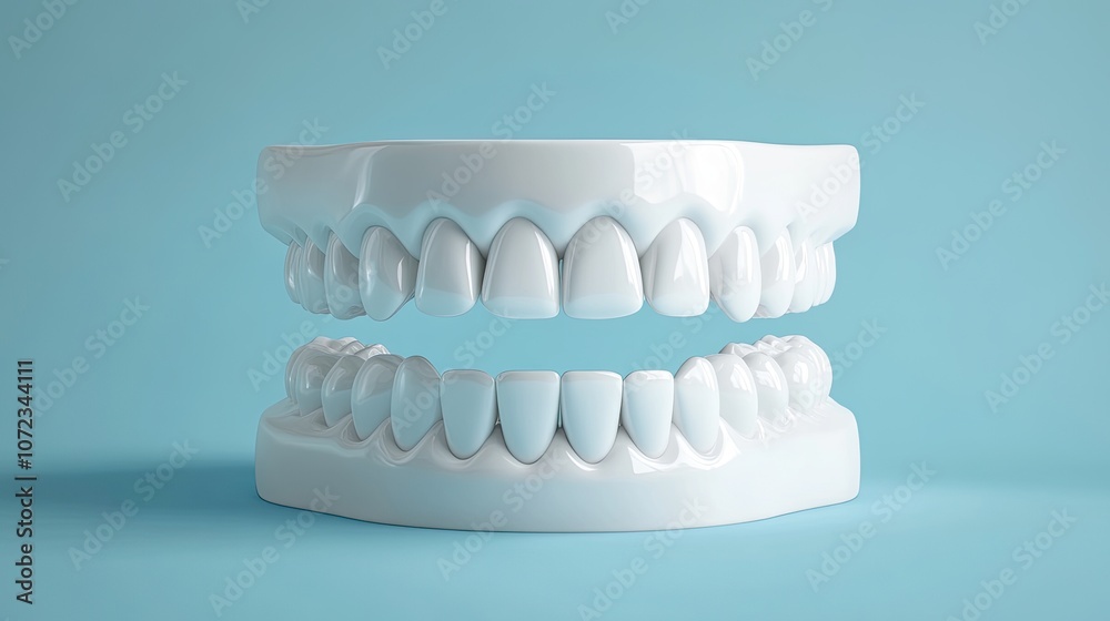 Fototapeta premium Realistic 3D render of healthy white teeth on blue background, suitable for oral health ads, with copy space.