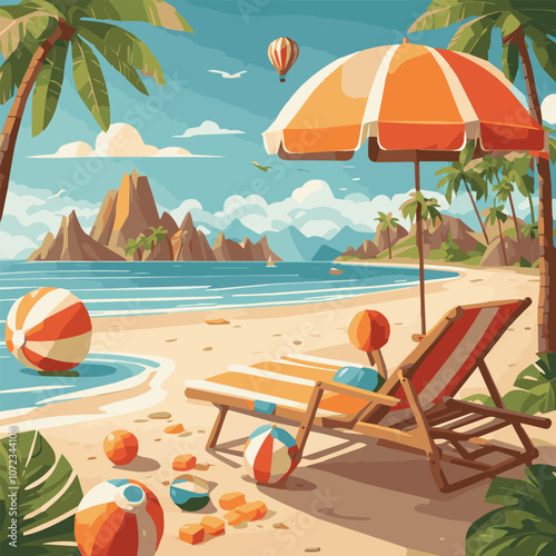 Summer vacation loungers on sea beach landscape beautiful seascape banner seaside holiday vector illustration. Summer vacation on a sandy beach. Happy hot vacation. Vector illustration.	