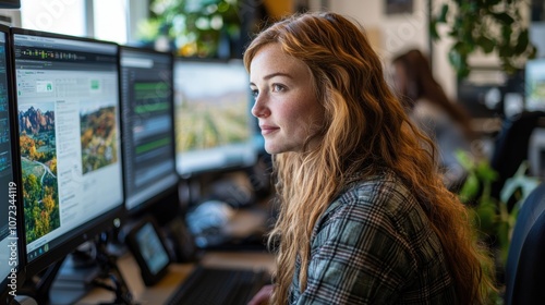 Free Download Woman exploring renewable energy software, testing solar power optimization on screens; environmental tech, high-tech office, sustainable solutions; women in clean energy and software development  - GFXLoad