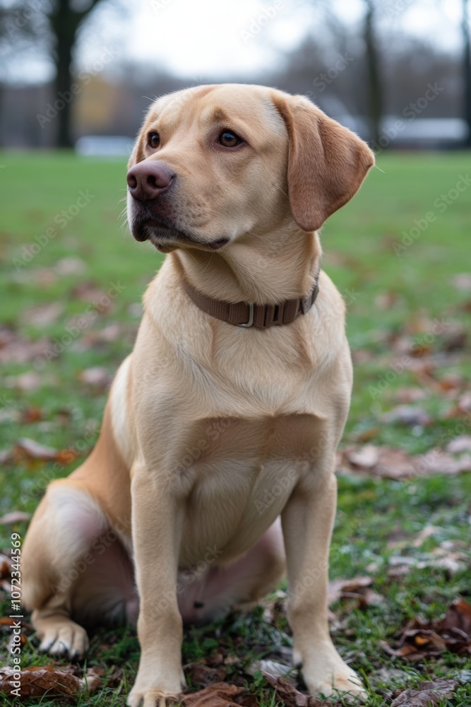 Adorable golden retriever dog sitting in a grassy field Adorable golden retriever dog sitting in a grassy field