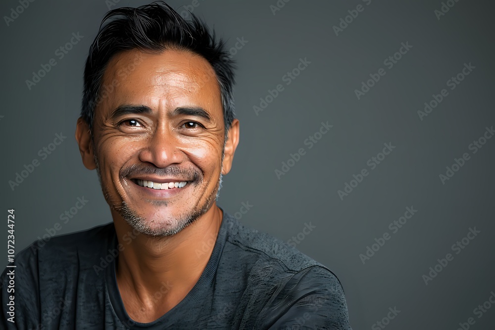 Obraz premium Portrait of a smiling man with a confident and approachable expression against a neutral gray background. Perfect for themes of authenticity, positivity, and professionalism.