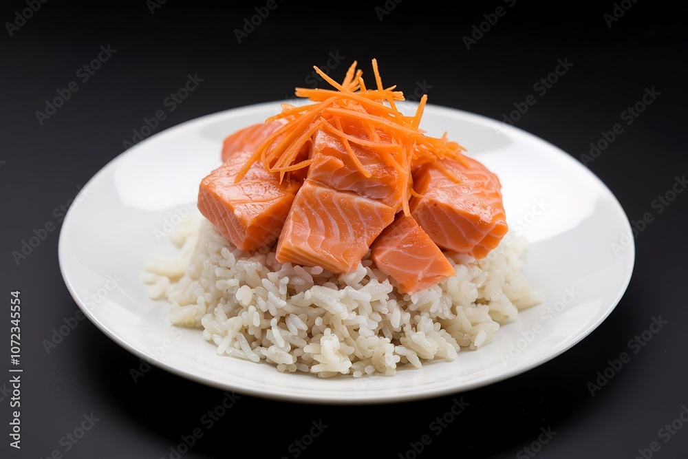 a plate with boiled rice, chunks of salmon, and shredded carrot a plate with boiled rice, chunks of salmon, and shredded carrot