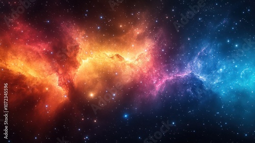 A vibrant cosmic scene showcasing colorful nebulae and stars.