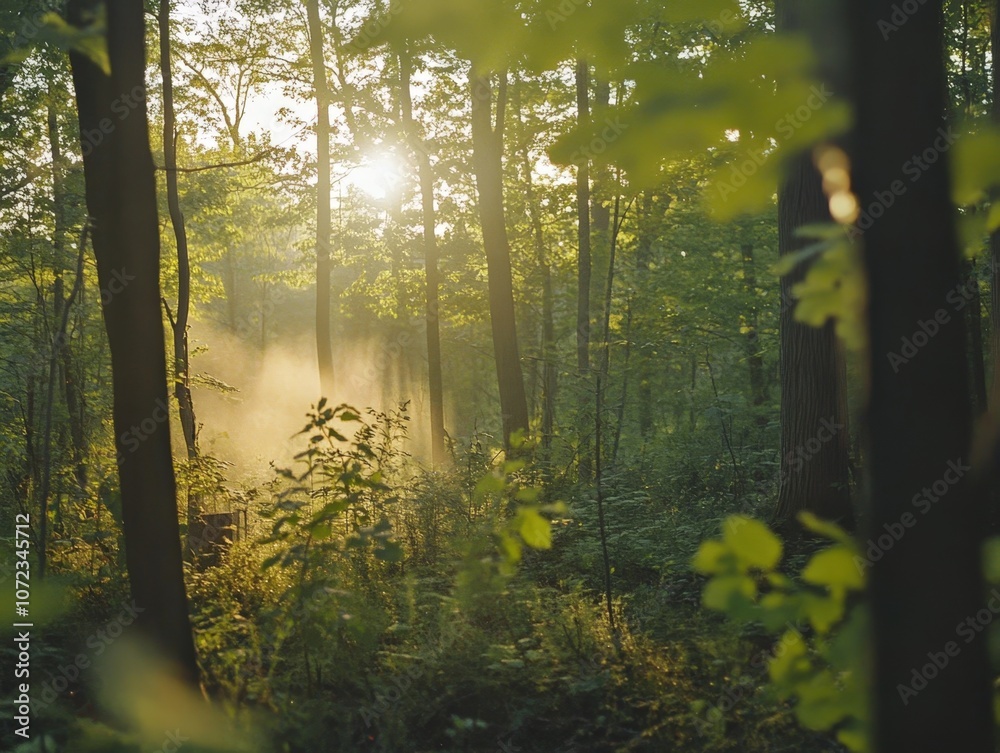 Obraz premium Sunlight filtering through the lush green forest