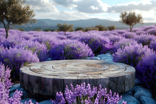 Rustic wooden platform surrounded by vibrant lavender fields and stones, set against a scenic backdrop of rolling hills and a bright sky. Perfect for themes of nature, relaxation, and rural charm. photo