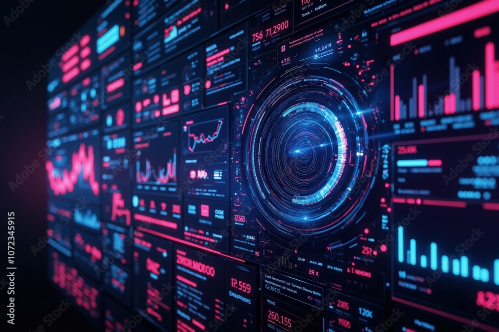 Fototapeta premium Futuristic data dashboard with virtual interface and high-tech analytics visualization.