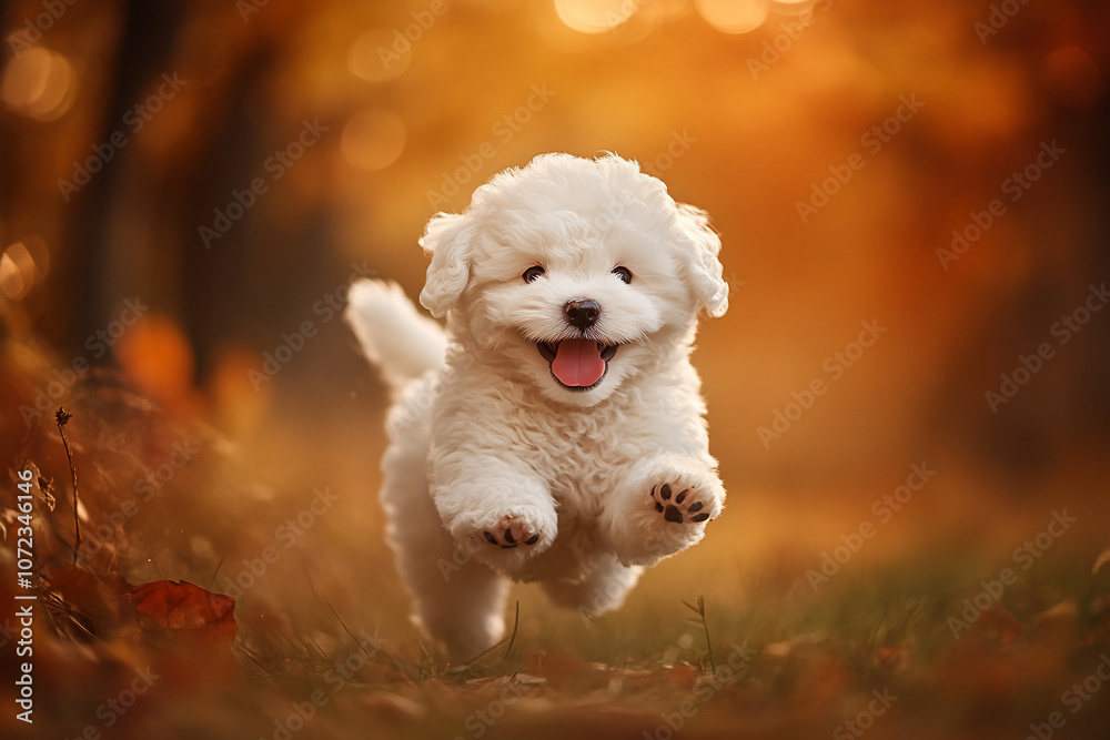 A joyful puppy running through a colorful autumn landscape. A joyful puppy running through a colorful autumn landscape.