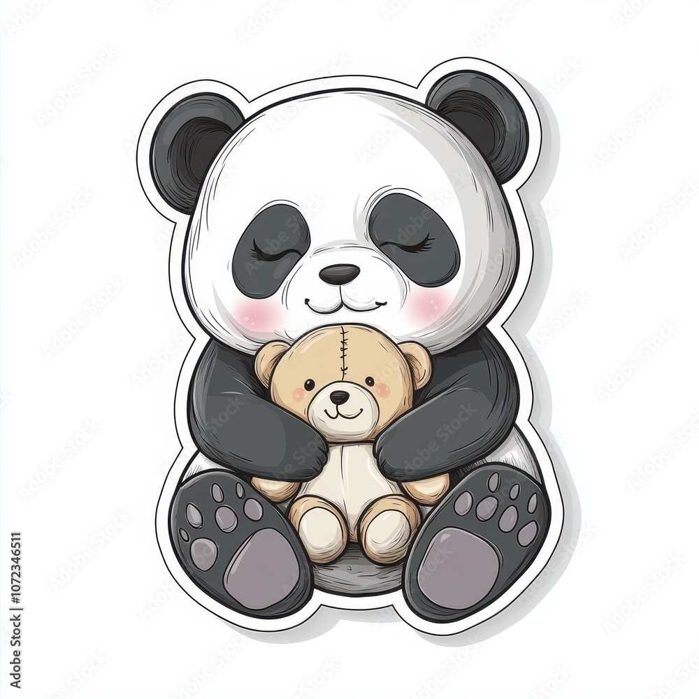 Fototapeta premium Cute Kawaii Panda Hugging Teddy Bear Sticker, Perfect for Concepts of Comfort, Adorable Animals, and Bedtime Companions