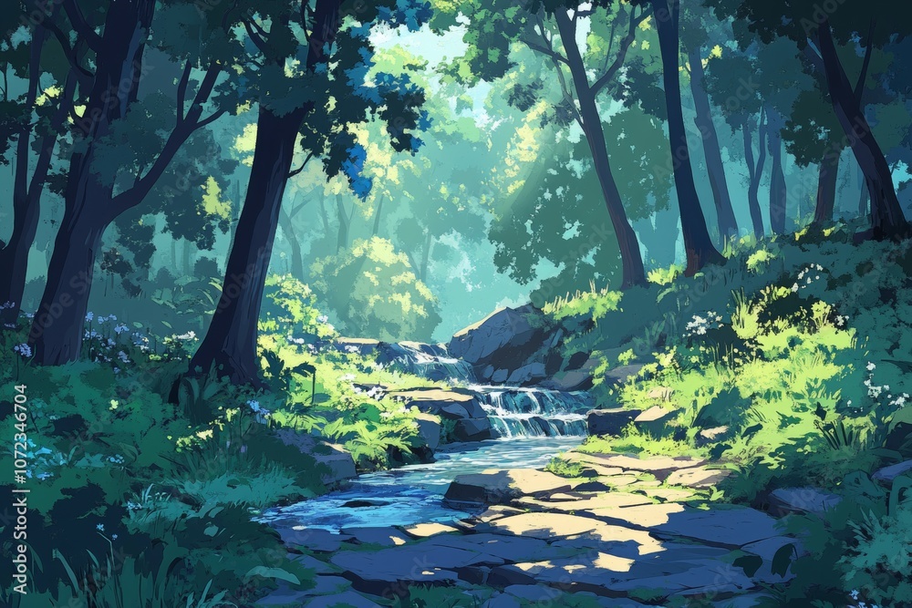 Fototapeta premium Serene Stream Flowing Through a Peaceful Forest