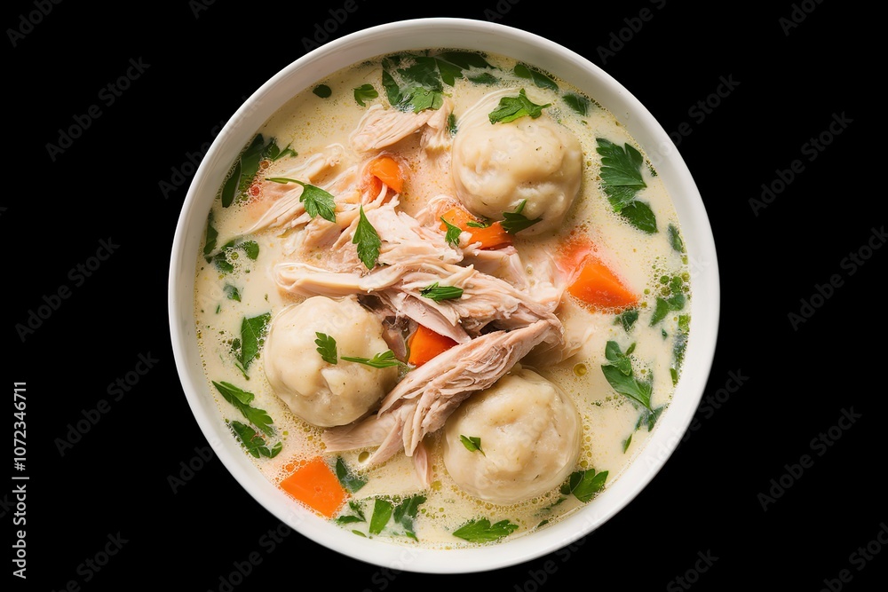 a creamy soup with chunks of shredded chicken meat, dumplings, and diced carrot a creamy soup with chunks of shredded chicken meat, dumplings, and diced carrot
