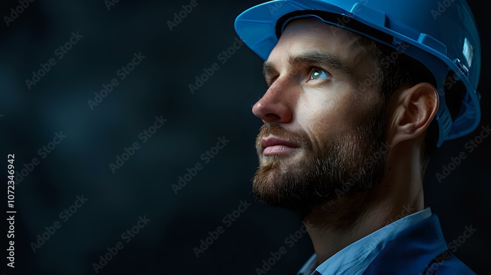 Fototapeta premium A close-up portrait of a construction worker in a safety helmet, gazing upwards with a thoughtful expression, embodying focus, leadership, and professional dedication.