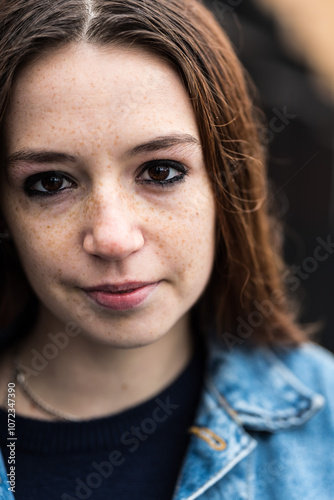 Outdoor portrait of a casual red haired 18 yo white girl, Brussels, Belgium