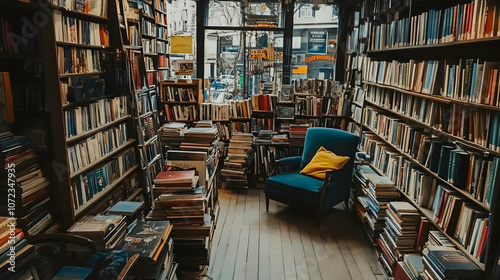 A cozy blue armchair sits in the middle of a bookstore, surrounded by bookshelves and stacks of books.
