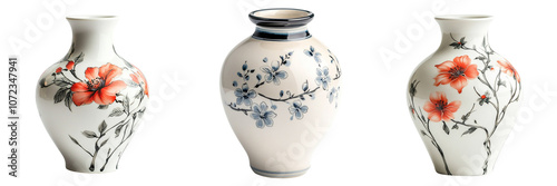 Set of elegant ceramic vase with delicate hand painted floral isolated on a transparent background